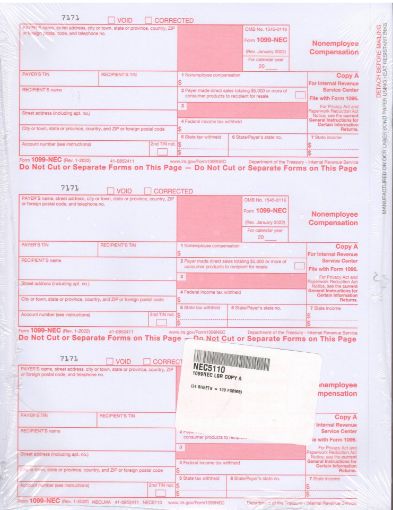 Picture of NEC5110 | 1099-NEC Federal Copy A (Red)  3-Up Format