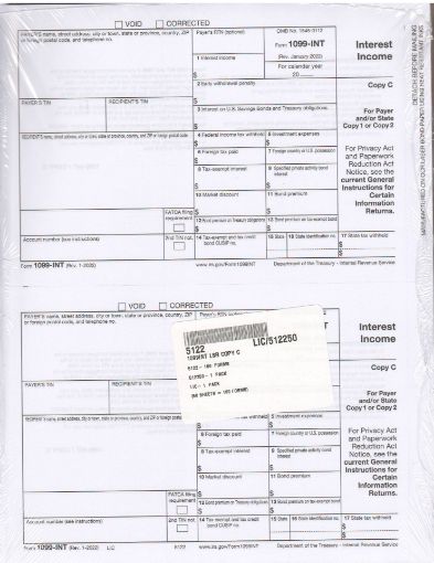 Picture of 5122 | 1099-INT Payer or State Copy C  2-Up Format